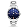 Imagem da oferta Relógio Masculino Clássico Pulseira Prata Correia Prateada Bisel Prateado Fundo Azul Marin