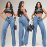 Imagem da oferta Calça Wide Leg Jeans Feminina Cintura Alta 100% Algodão