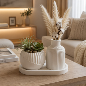 Kit Vaso Decorativo em Gesso com Garrafa e Vasinho e bandeja Moderno Decoração para ...