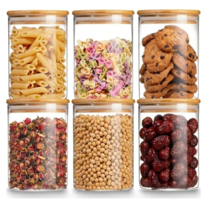 Kit 06 Potes de Mantimentos Herméticos 300ml Pote Redondo Vidro Tampa De Bambu - Ideal Para Temperos Grãos Café Açucar Snacks Condiment