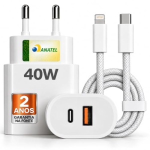Carregador Turbo 40W USB-C + USB-A Compatível com iPhone 8 X XR 11 12 13 14