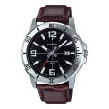 Imagem da oferta Relógio Casio Masculino Collection Couro Mtp-vd01l-1bvudf Correia Marrom Bisel Prateado Fundo Preto
