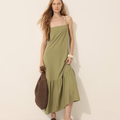 Imagem da oferta Vestido midi evasê com babados feminino em viscose - Verde Musgo