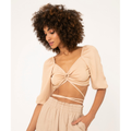 Imagem da oferta Blusa Cropped de Viscose com Amarração Manga Bufante Decote V Bege