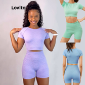 Imagem da oferta Lovito Conjunto Academia Esportivo Brasil Copa 2022 Cropped Fitness Blusa de Mangas Curtas + Shorts Lipos L03015 (Verde/