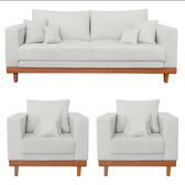 Imagem da oferta Kit 2 Poltronas Living + Sofá 2 Lugares Base Madeira Linho