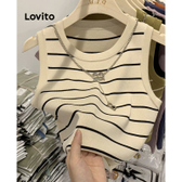 Imagem da oferta Blusa Feminina Lovito Listrada Básica Sem Mangas com Gola Redonda LNA07011 (Branca/Verde)