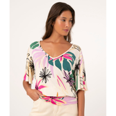Imagem da oferta Blusa Estampada Floral Manga Curta Ampla Decote V Off White