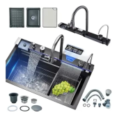 Imagem da oferta Kit Pia Cuba Cascata Cozinha Inteligente Smart Led Multifuncional de Aço Inox 304 Premium 75x45x23cm Cor Preta WINDA