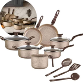 Imagem da oferta Jogo De Panelas 10 Peças Antiaderente Conjunto Caçarola Frigideira Fervedor Cor Coffee Cappuccino Kit Talheres