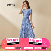 Imagem da oferta Vestido Xadrez Lovito Casual Plissado Em Camadas Comprimento Midi L20D1251