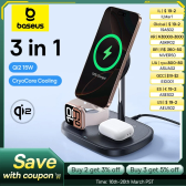 Imagem da oferta Baseus 3-em-1 suporte de carregamento sem fio qi2 15w carregamento rápido com resfriamento tec para iphone 1