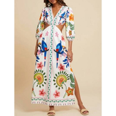 Imagem da oferta Vestido Feminino Estampado Travachic Decote em V Manga 3/4 Solto Tecido Trançado