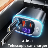 Imagem da oferta Carregador de carro escalável 4 em 1 carregador de carro de carregamento rápido com cabo retrátil de 72 W e porta USB