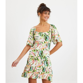 Imagem da oferta Vestidinho Manga Godê em Viscose com Folhagens Coloridas Estampadas - Tam PP