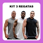 Imagem da oferta Kit com 3 Camisetas Regatas Masculina Longline Dry com Capuz Lisa Sem Estampa Básica Secagem Rápida