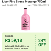 Imagem da oferta Licor Fino Sirena Morango 750ml