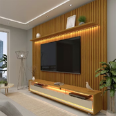 Imagem da oferta Rack com Painel Ripado para TV até 90 Polegadas LED 3 Gavetas com Rodízios 230cm Gelius Naturale