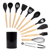 Imagem da oferta Kit 11 Utensílios Silicone Com Cabo Madeira E Suporte - Tud