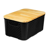 Imagem da oferta Caixas Cesto Organizador Rattan Preto Tampa Madeira Pequena Guarda Roupa Brinquedos
