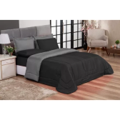 Imagem da oferta Edredom Casal Kit 6 Peças + Jogo De Lençol Queen Padrão Cor Preto E Cinza Desenho Do Tecido Liso 240x220
