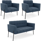 Imagem da oferta Sofá Namoradeira e 2 Poltronas Pé de Ferro Preto Elisa Suede Azul Marinho D03 - D'Rossi