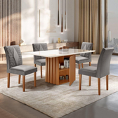 Imagem da oferta Conjunto Sala de Jantar Mesa Tampo Slim Plus Vidro 120x90cm com 4 Cadeiras Elis Cel Móveis Cinamomo/Off White/Suede Cin