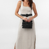 Imagem da oferta Vestido midi em viscolinho listrado com cinto bege