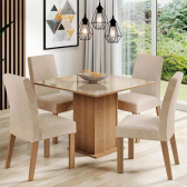 Imagem da oferta Sala De Jantar Estofada Madesa Evelin Mesa Tampo Vidro Com 4 Cadeiras Cor Rustic/Crema/Imperial MDJA0401037GSIM