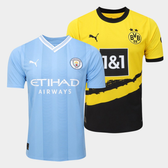 Imagem da oferta Kit Camisa Manchester City Home 23/24 + Borussia Dortmund Home 23/24 Puma Masculina - Azul Claro+Preto