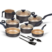 Imagem da oferta Jogo de Panelas Antiaderentes 10 Peças Preto com Bege Conjunto com Tampa de Vidro Teflon