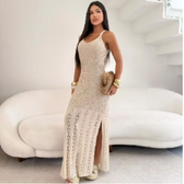 Imagem da oferta Vestido Longo Croche Tricô Forrado Fenda Lateral