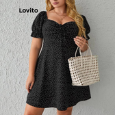 Imagem da oferta Lovito Vestido Feminino Plus Size Curvo Com Cordão De Bolinhas E Manga Bufante LBE02087 (Preto)
