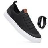 Imagem da oferta Tenis Sapatenis Cano Baixo Casual Calce Facil Cadarço Elástico Preto Confortável Leve + Relógio