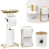 Imagem da oferta Kit Lavabo Acessorios Banheiro Dourado Luxo Gold Lixeira Papeleira Porta Toalha De Rosto Bancada Conjunto