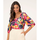 Imagem da oferta Blusa Feminina Estampada Floral Manga Bufante Decote Reto Off White