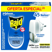 Imagem da oferta Kit Aparelho Elétrico + Refil Repelente Líquido 45 Noites Raid 32,9ml