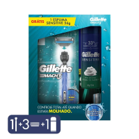 Imagem da oferta Kit Aparelho De Barbear Gillette Mach3 1 Unidade + Refis Gillette Mach3 3 Unidades + Espuma De Barbear Sensitive 56g