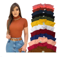 Imagem da oferta Kit 3 Blusa Blusinha Canelada Gola Alta Com Manga Curta