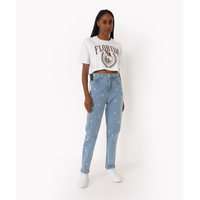 Imagem da oferta Calça Jeans Mom Cintura Super Alta com Bordado Azul