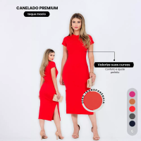 Imagem da oferta Vestido Midi Canelado Casual Básico Acinturado Modelador