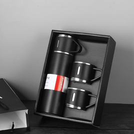 Imagem da oferta Kit Garrafa Térmica Vacuum Flask Set Inox 500ml + 3 Xícaras (Preta)