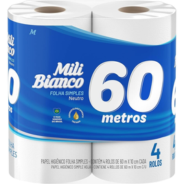 Imagem da oferta 5 Unidades Papel Higiênico Mili Bianco  60m Folha SIMPLES Neutro - 4 rolos