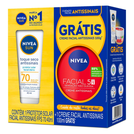 Imagem da oferta Kit Protetor Solar Facial Nivea Sun Toque Seco Antissinais FPS 70 40ml e Ganhe Creme Facial 5 em 1 Antissinais 100g