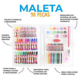 Imagem da oferta Maleta Kit Escolar Infantil 98 Peças Glam Girls Canetinhas Lápis de Cor Apontador Giz Tinta Régua Pincel Clips - Well Kids