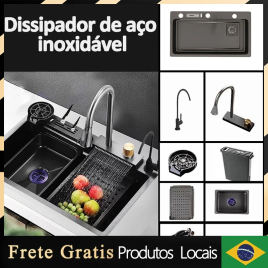 Imagem da oferta Kit Cozinha Gourmet em Aço Inoxidável Torneira Flexível Preta Cuba 75x45x20 cm