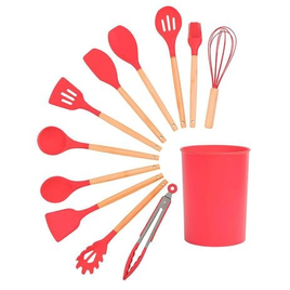 Imagem da oferta Kit 11 Utensílios de Cozinha de Silicone e Madeira com Suporte - Oikos