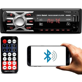 Imagem da oferta Som Automotivo MP3 Player Bluetooth,Entrada Auxiliar, P2, Rádio FM, Saída RCA, SD, Viva Voz e USB - First Option