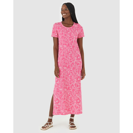Imagem da oferta Vestido Midi Feminino Estampado Fenda Lateral Em Algodão Rosa Escuro G