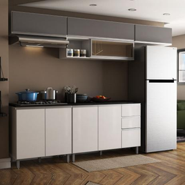 Armário de Cozinha Completa Aéreo Suspenso com Balcão Evidence 5 Peças 8 Portas Branco / Prata - Poliman Móveis
